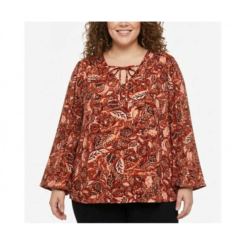 Jessica Simpson size XL Brown‎ Leaf Floral Novelty Boho Tie Front Blouse